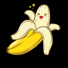 a cartoon illustration of a peeled banana with a smiling face on a black background