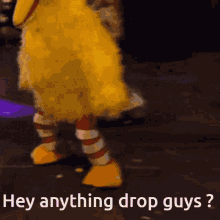 a big bird mascot says hey anything drop guys on the ground