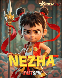 a cartoon character holding a spear and the name nezha