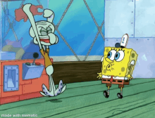 a cartoon of spongebob and squidward from spongebob squarepants standing next to each other