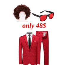 a red suit with a red wig and red sunglasses for 48 dollars