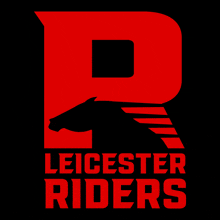 a logo for the leicester riders with a red letter r on a black background