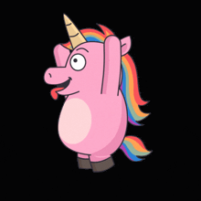 a cartoon unicorn with a rainbow mane sticking out its tongue