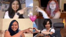 four people are making a heart shape with their hands and the word angelina is on the bottom left