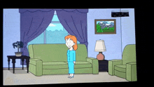 a cartoon of a woman standing in a living room with the words goanimate on the bottom