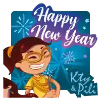 a happy new year greeting card with a cartoon girl