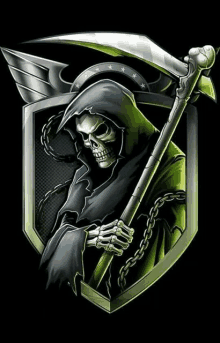 a grim reaper is holding a scythe in a shield