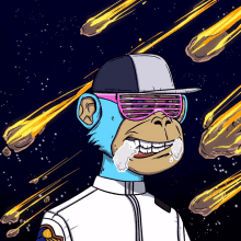 a cartoon of a monkey wearing sunglasses and a baseball cap in space