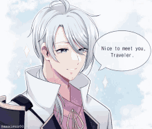 a drawing of a boy with white hair and a speech bubble that says nice to meet you traveler