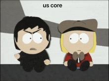 two cartoon characters are sitting next to each other and the words us core are above them