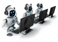 three robots wearing headsets are sitting in front of computer monitors