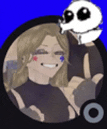 a cartoon girl is smiling in a circle with a skeleton in the background .