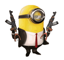 a minion in a suit and tie holds two guns