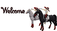 two horses are standing next to each other and the word welcome is above them