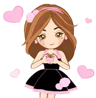 a girl in a black and pink dress making a heart shape with her hands