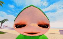 a close up of a cartoon character with a green hood