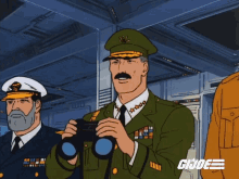 two men in military uniforms are looking through binoculars and the word gi joe is on the bottom