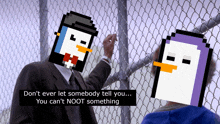 a man in a suit and tie is talking to a pixelated penguin