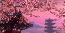 a painting of a pagoda with cherry blossoms in the foreground