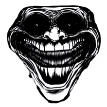 a black and white drawing of a troll face with big teeth and a huge smile .