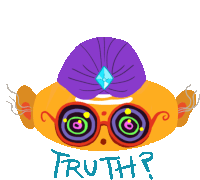 a cartoon character with a purple turban and glasses has the word truth written below it