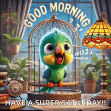 a picture of a parrot in a cage with the words good morning have a super saturday