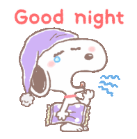 a cartoon of snoopy wearing a sleep cap and holding a pillow with the words good night written above him