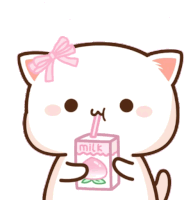 a cartoon cat with a pink bow on its head drinking a box of milk