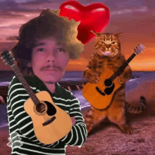 a man holding a guitar next to a cat holding a guitar with a heart in the background