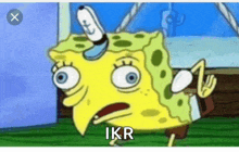 a cartoon of spongebob with the word ikr written on the bottom