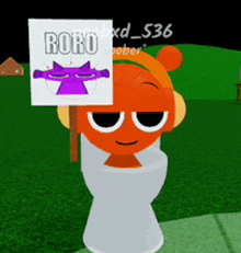 a cartoon character holding a sign that says roro on it