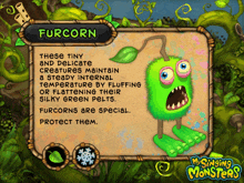 a poster for my singing monsters has a green furcorn on it