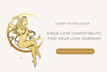 a naked woman is sitting on a crescent moon with the words virgo love compatibility find your love harmony