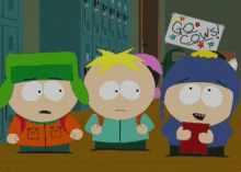 three south park characters are standing in front of lockers with a sign that says go cows