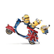 three minions are riding on a scooter with a union jack on it