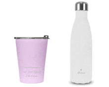 a pink cup and a white bottle with the name мариа on them