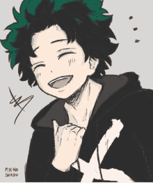 a drawing of a boy with green hair and the name psycho saikou on the bottom right