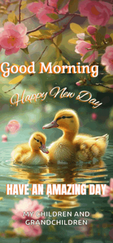 two ducklings are swimming in the water with the words " good morning happy new day " above them