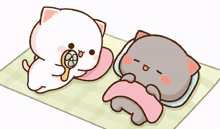 a cartoon of two cats laying on a blanket with one holding a magnifying glass