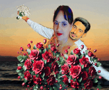 a painting of a man and a woman surrounded by red roses