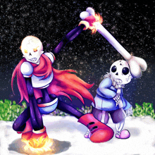 a drawing of papyrus and sans fighting with their skeleton arms