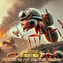 a poster of an ant wearing a helmet and goggles says museum bola