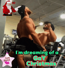 a picture of two men in a gym with the words " i 'm dreaming of a gay christmas "