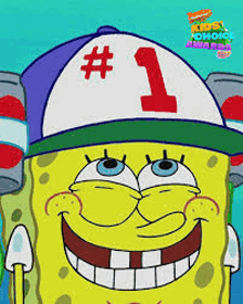 spongebob is wearing a hat with the number one on it .