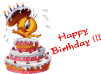 a tweety bird is standing on top of a birthday cake with the words happy birthday written below it