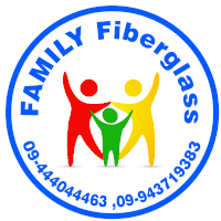 the logo for family fiberglass shows three people holding hands in a blue circle