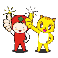 a cartoon illustration of a boy in a tomato costume and a cat giving a thumbs up