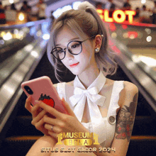 a woman wearing glasses is looking at her phone in front of a slot machine