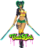 a cartoon drawing of a woman holding two swords with the words vali bots behind her