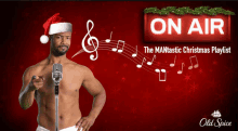 an advertisement for old spice shows a shirtless man in a santa hat